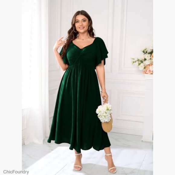 Plus Size Sweetheart Neckline Ruffle Sleeve A-Line Maxi Formal Dress - Picture 4 of 7
